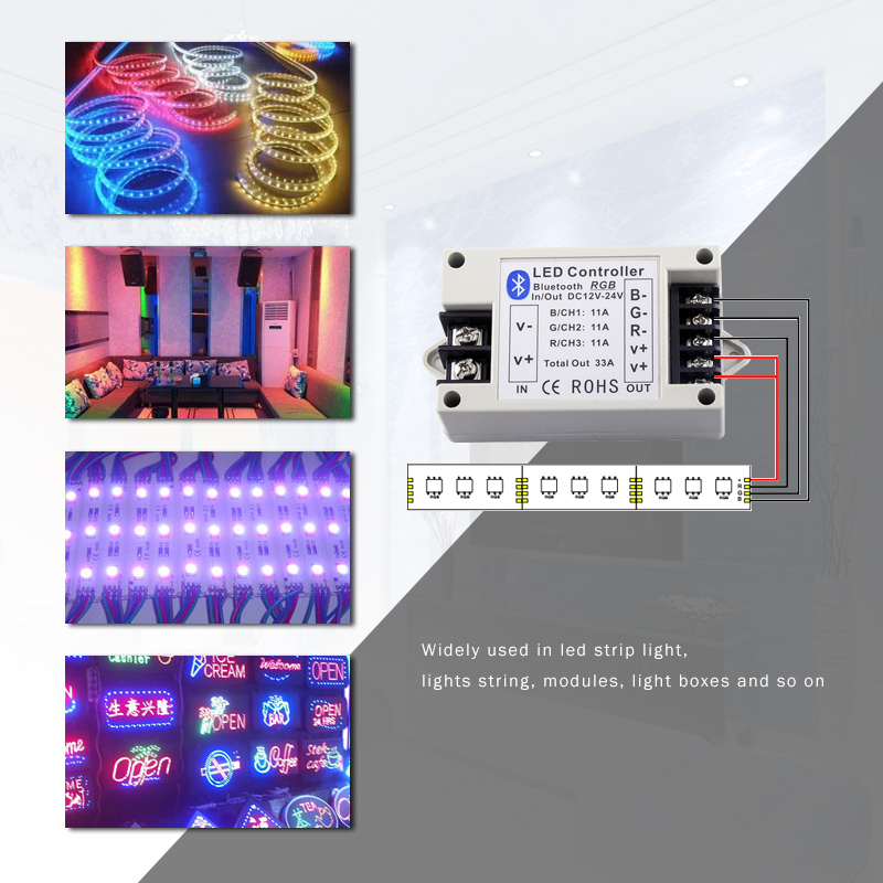 DC12V-24V 400/800W 3 Channels LED RGB Wireless Bluetooth Controller by Android/IOS System Smartphone for Flexible LED Light Strip DC12V-24V 400/800W 3 Channels LED RGB Wireless Bluetooth Controller by Android/IOS System Smartphone for Flexible LED Light Strip